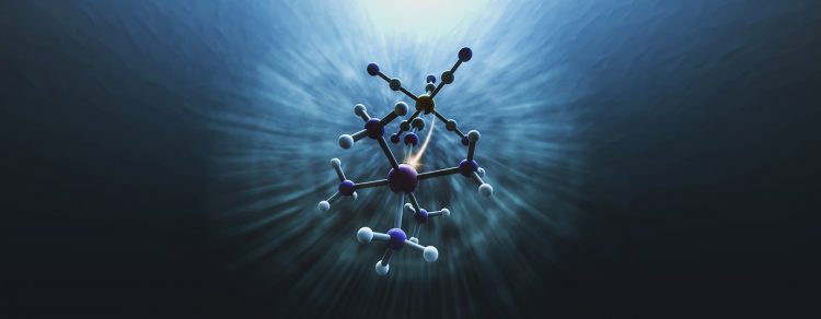 An artistic depiction of small molecules moving within a solvent