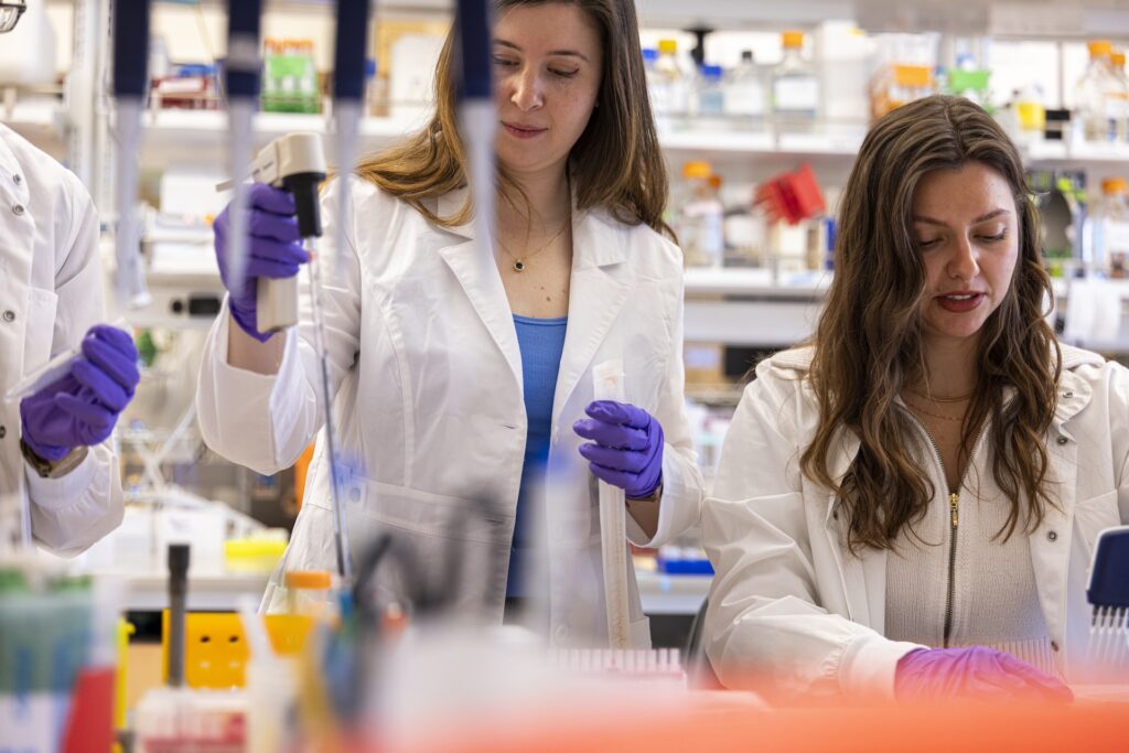 Gökçe-Alpkılıç in labcoat and rubber gloves while working alongside labmates.